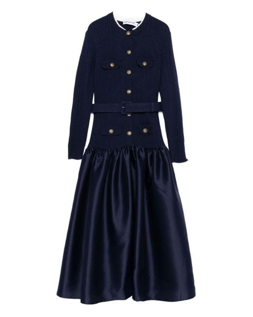 Self-Portrait Knit Taffeta Midi Dress in Blue | Lyst