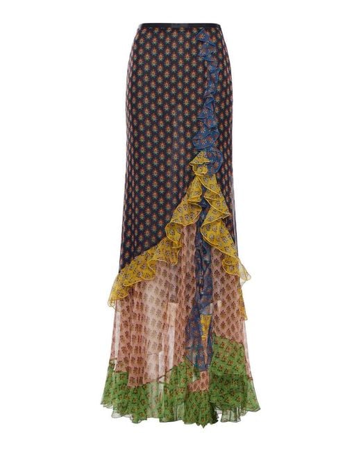 Etro Multicolor Long Patchwork Silk Skirt With Ruffles