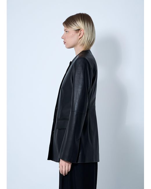 Totême Blue Collarless Leather Jacket