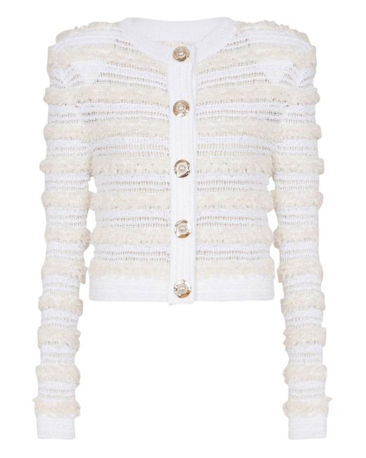 Balmain White Tweed-Effect Knit Cardigan