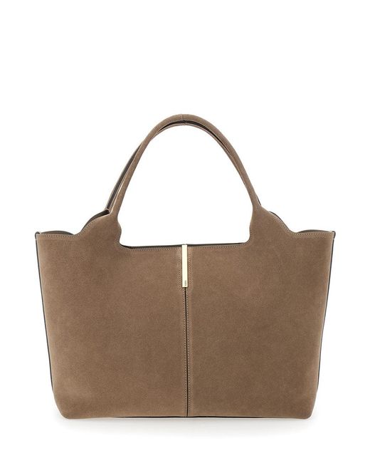 Tod's Brown 'Ebr' Tote Bag With Logo Plaque On The Front And Contrasting Stitching