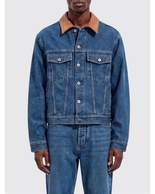 Bottega Veneta Blue Denim Jacket With Woven Leather Collar for men