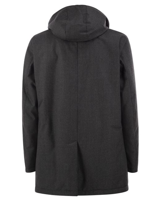 Herno Black Technical Wool-Blend Hooded Coat for men