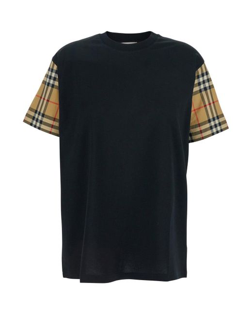 Burberry Black T-Shirt With Vintage Check Motif On The Sleeves for men