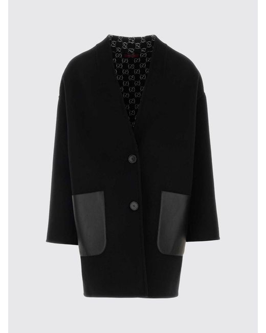 Gucci Black Wool Coat With Leather Patch Pockets