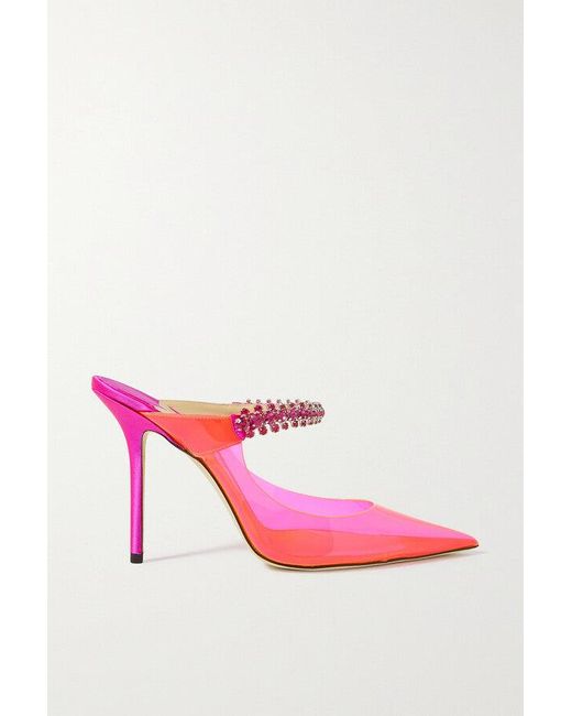 Jimmy Choo Pink Fuchsia Bing 100 Neon Pvc And Crystal-Embellished Satin Mules/Slides