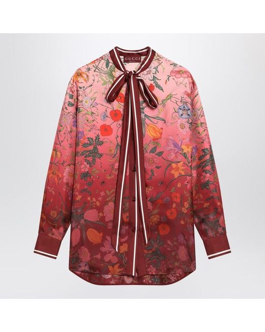 Gucci Red Shirt With Bow And Floral Print