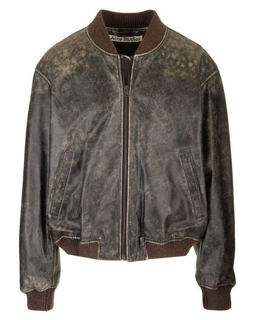 Acne Gray Leather Bomber Jacket for men