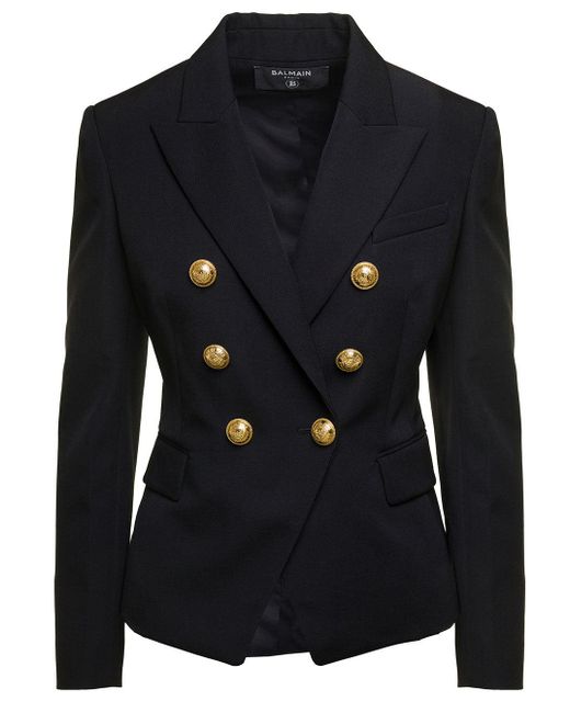 Balmain Black Double-Breasted Jacket With Branded Buttons And Asymmetric Cut for men