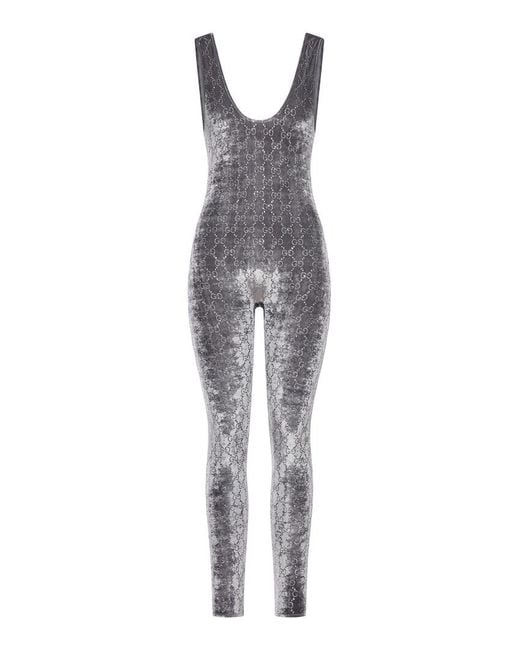 Gucci Gray Jumpsuit With Gg Crystal Embroidery