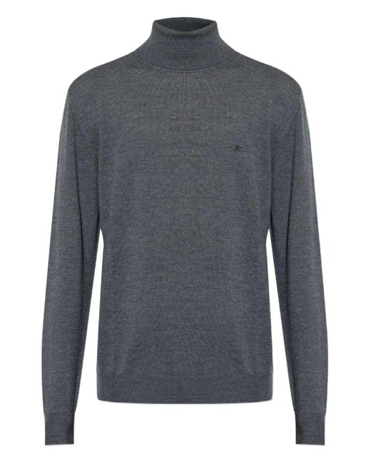 Etro Blue Logo-Embroidered Wool Turtleneck Sweater for men