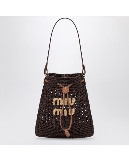 Miu Miu Black Mini Cocoa-Coloured Woven Fabric Bucket Bag