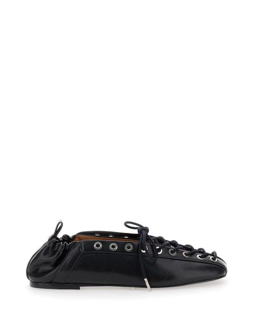 Ganni Black Lace-Up Ballerinas With Metal Eyelets And Elasticized Ankle for men