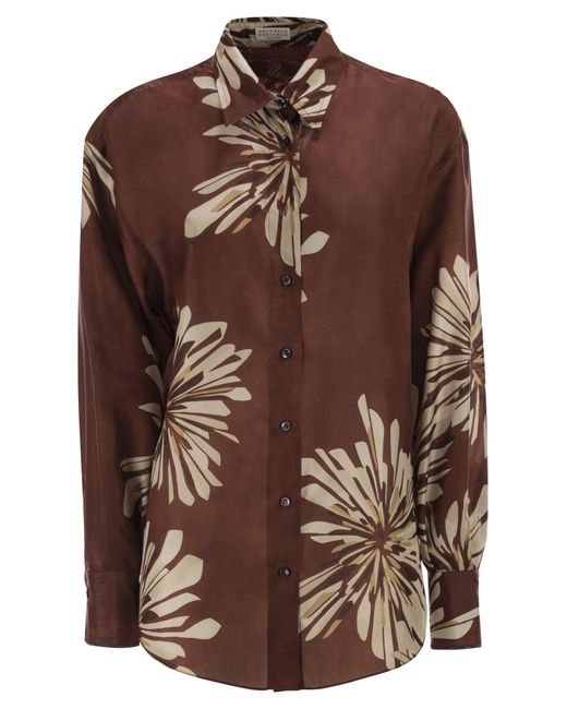 Brunello Cucinelli Women's Brown Silk Shirt With Floral Print