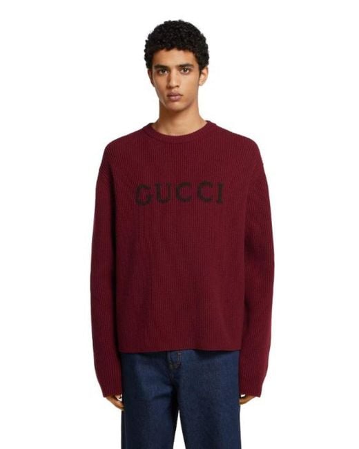 Gucci Red Bordeaux Crewneck Sweater With Logo Lettering Embroidery On The Front for men
