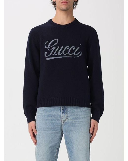 Gucci Blue Crew Neck Wool Pullover With Logo for men