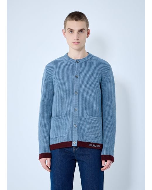 Gucci Blue Wool Cardigan With Intarsia for men