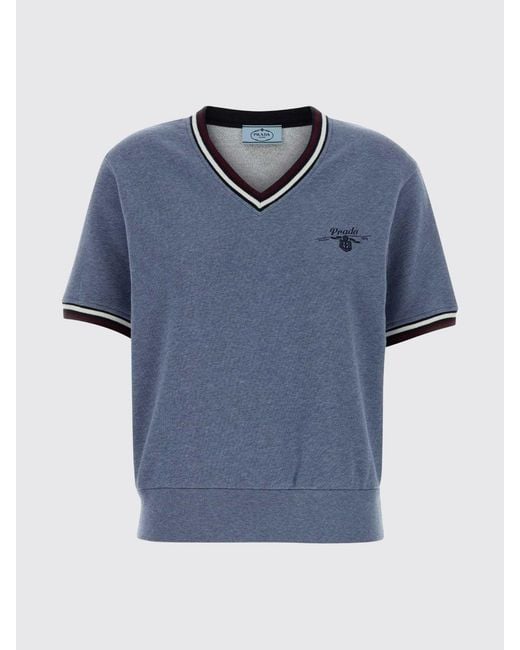 Prada Blue Cotton Knit With Striped Profiles
