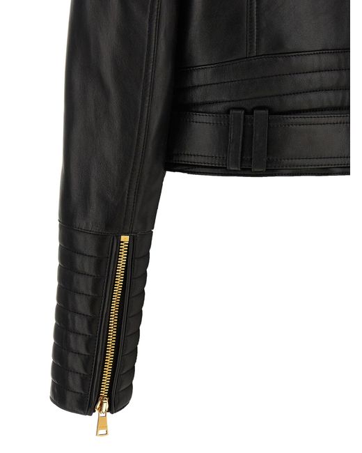 Balmain Black Leather Jacket Puffer Jackets