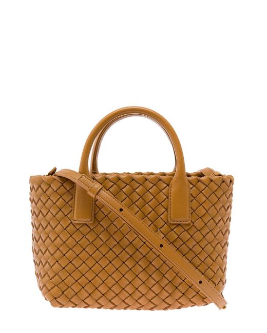 Bottega Veneta Brown 'Mini Cabat' Caramel Intreccio Tote Bag With Shoulder Strap Leather for men