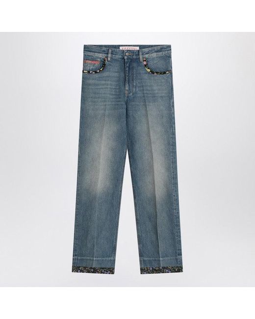 Valentino Blue Washed Jeans With Floral Fabric Trims