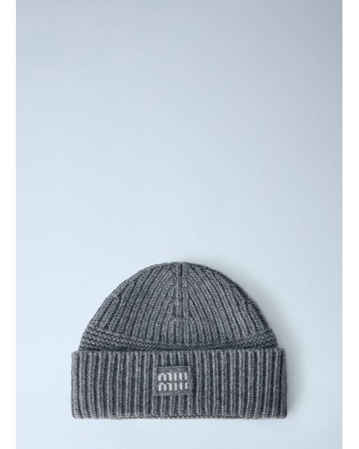 Miu Miu Blue Logo-Patch Wool Beanie