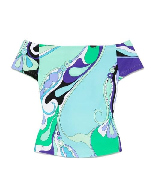 Emilio Pucci Blue Orchid-Print Off-Shoulder Top