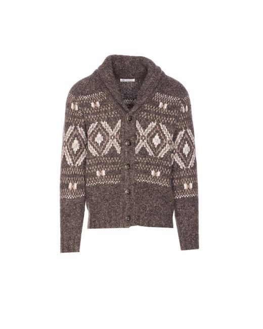Brunello Cucinelli Brown Geometric Jacquard Print Cardigan for men