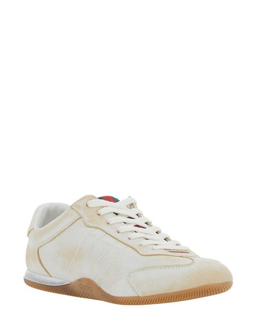 Gucci White 'Elan' Low Top Sneakers With Web Detail On Tongue And Heel