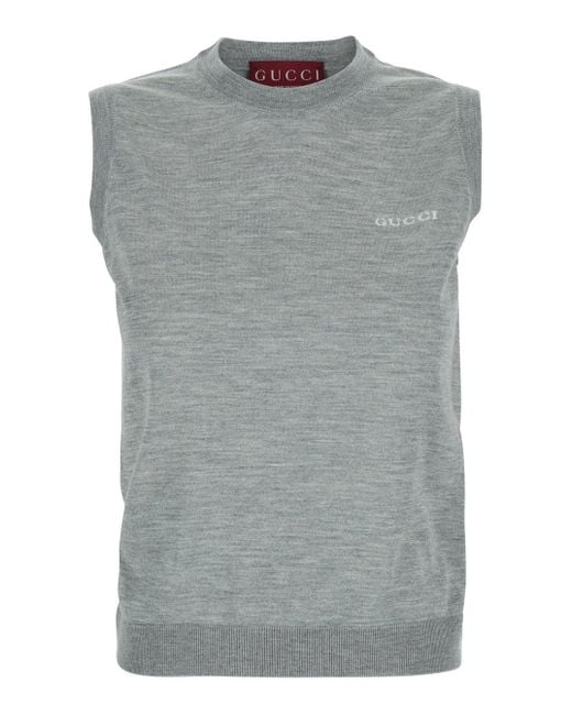 Gucci Gray Sleeveless Sweater With Logo On The Front for men