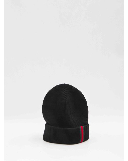 Gucci Black Wool Beanie With Web Detail for men