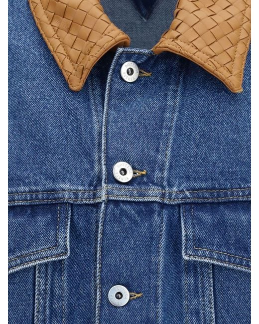 Bottega Veneta Blue Denim Jacket With Woven Leather Collar for men
