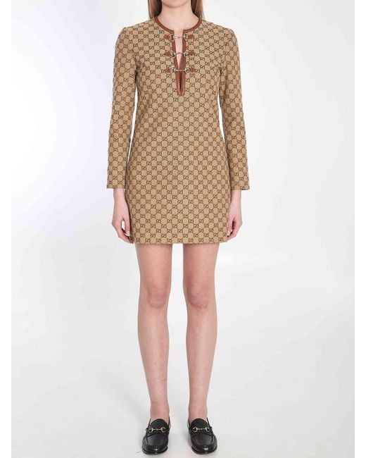 Gucci Natural Gg Mini Dress With Horsebit