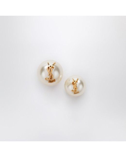 Saint Laurent Metallic Asymmetrical Earrings With Pearl And Cassandre Logo