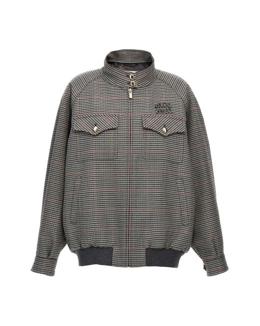 Miu Miu Check Logo Bomber Jacket in Gray | Lyst