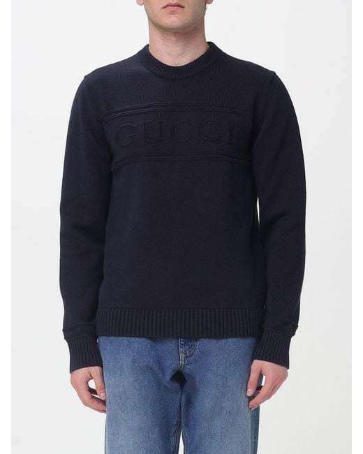 Gucci Blue Cotton And Wool Crewneck Pullover for men