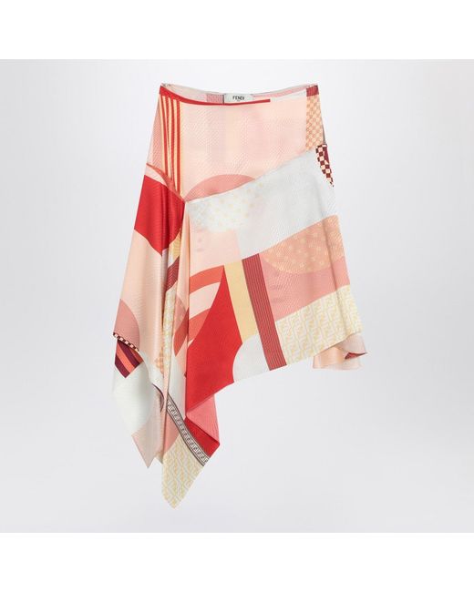 Fendi Red Silk Skirt With Patchwork Print