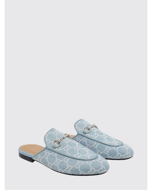 Gucci White Princetown Cotton Denim Slippers With Beaded Gg Monogram