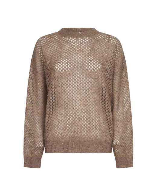Brunello Cucinelli Brown Dazzling Mesh Crewneck Sweater