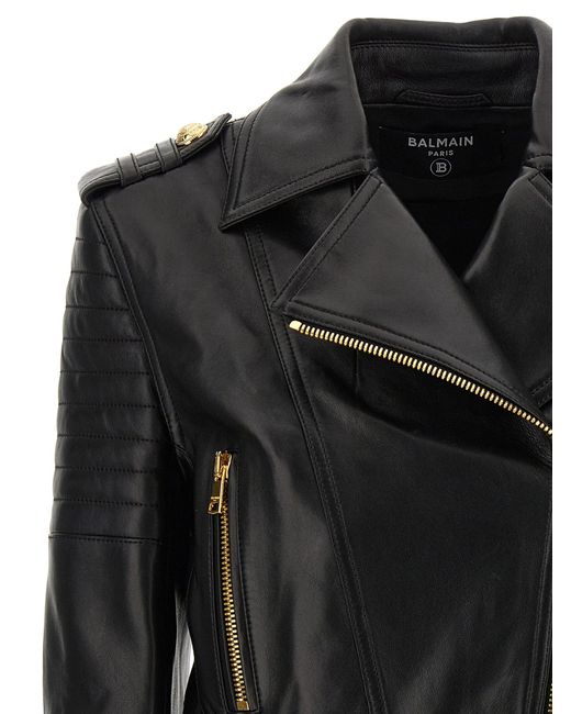 Balmain Black Leather Jacket Puffer Jackets