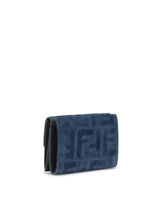 Fendi Blue Trifold Wallet With Ff Monogram