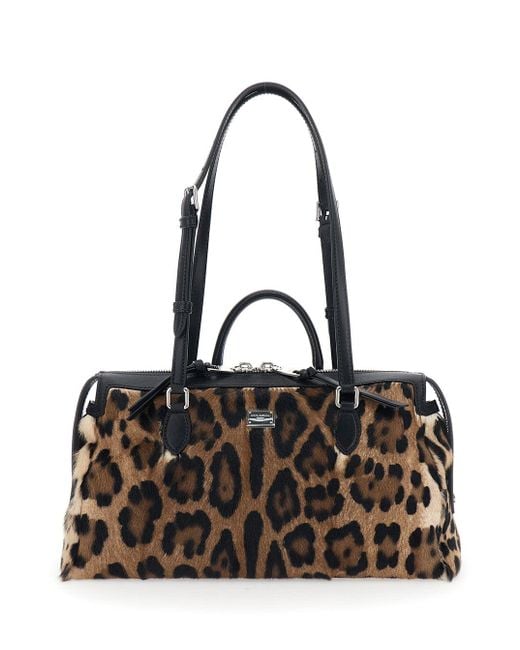 Dolce & Gabbana Black 'Vittoria' Handbag With Logo Plaque On The Front And All-Over Leopard Motif