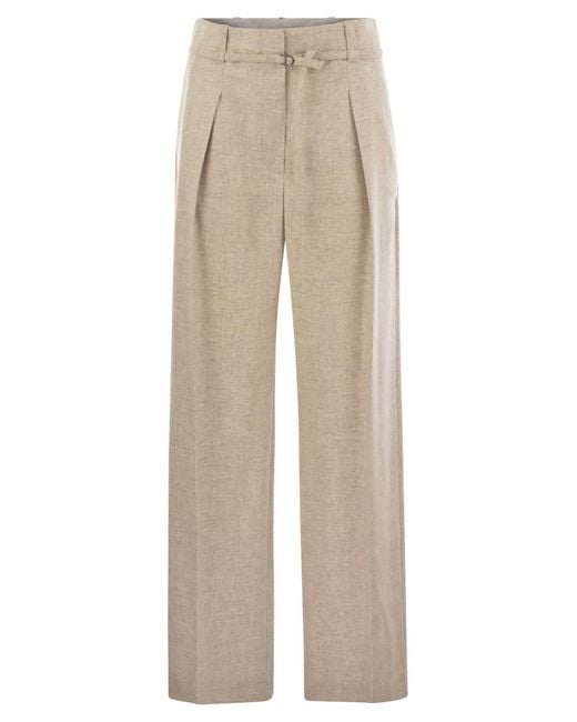 Brunello Cucinelli Natural Virgin Wool And Cashmere Trousers With Necklace