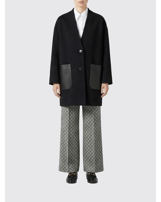Gucci Black Wool Coat With Leather Patch Pockets