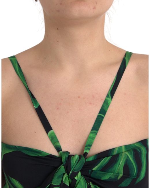 Dolce & Gabbana Green Leaf Silk Halter Cropped Top