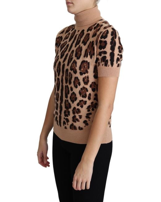 Dolce & Gabbana Brown Leopard Print Virgin Wool Turtleneck Top