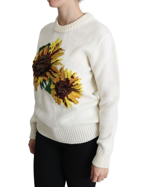 Dolce & Gabbana Gray White Floral Wool Pullover Sunflower Sweater