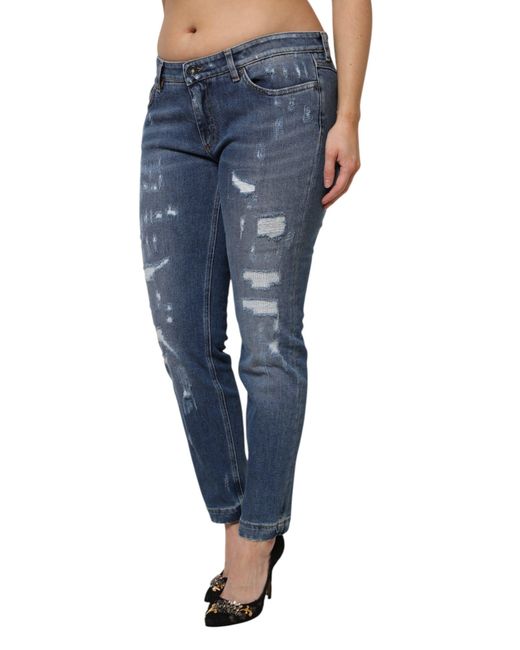 Dolce & Gabbana Blue Tattered Cotton Low Waist Denim Jeans for men