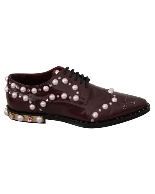 Dolce & Gabbana Multicolor Elegant Bordeaux Lace-Up Flats With Pearls And Crystals