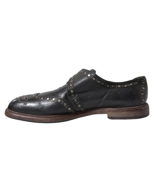 Dolce & Gabbana Black Leather Monk Strap Studded Dress Shoes for men